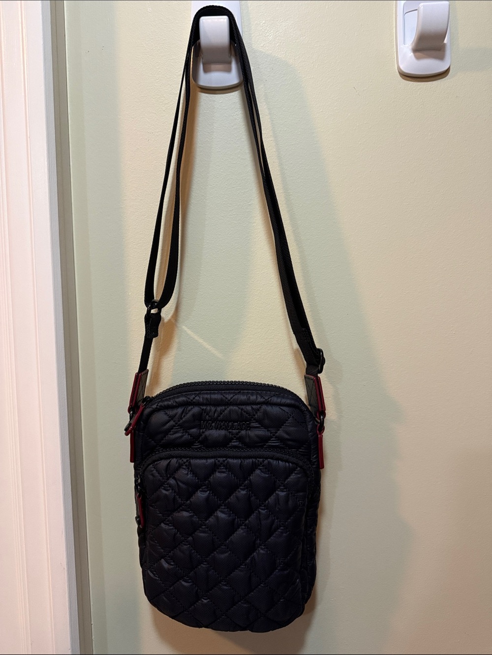 MZ Wallace Black Quilted Crossbody Messenger Bag with Red Accents